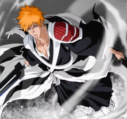 Ichigo memegang dua zanpakuto dengan cape hitam sobek, berdiri di atas reruntuhan istana Soul King — simbol perang akhir Bleach TYBW 2025