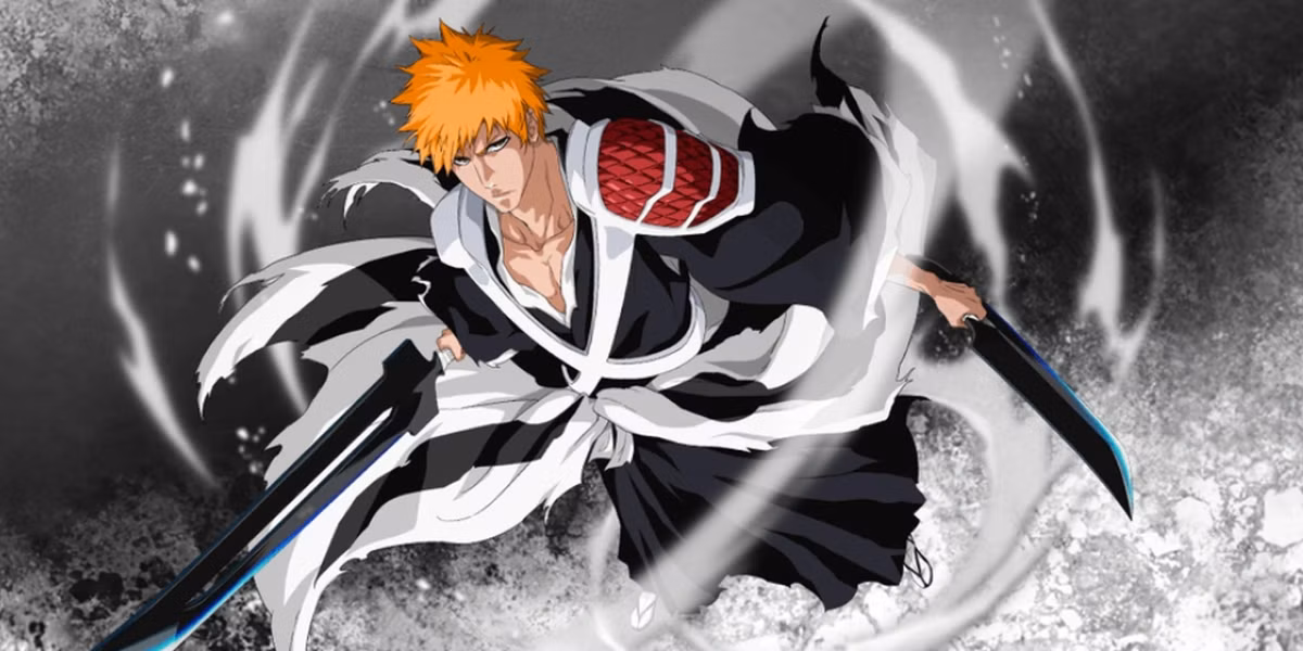 Ichigo memegang dua zanpakuto dengan cape hitam sobek, berdiri di atas reruntuhan istana Soul King — simbol perang akhir Bleach TYBW 2025