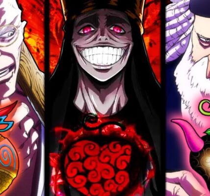 Imu duduk di atas Empty Throne dikelilingi bayangan pedang dan peta dunia terbakar — simbol kekuasaan absolut dalam One Piece 2025