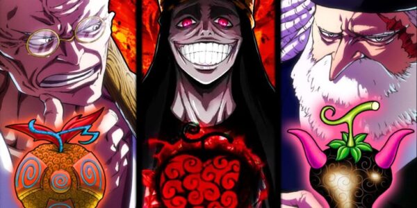 Imu duduk di atas Empty Throne dikelilingi bayangan pedang dan peta dunia terbakar — simbol kekuasaan absolut dalam One Piece 2025