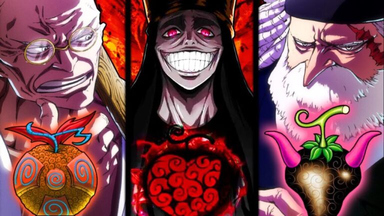 Imu duduk di atas Empty Throne dikelilingi bayangan pedang dan peta dunia terbakar — simbol kekuasaan absolut dalam One Piece 2025