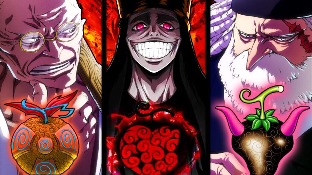 Imu duduk di atas Empty Throne dikelilingi bayangan pedang dan peta dunia terbakar — simbol kekuasaan absolut dalam One Piece 2025