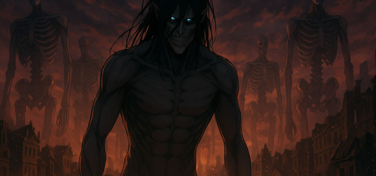 Eren Yeager Founding Titan berdiri di tengah Rumbling — Attack on Titan Requiem 2025