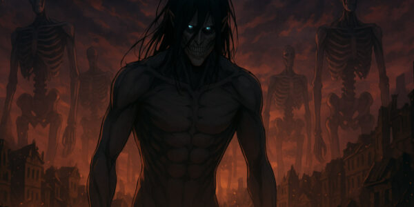 Eren Yeager Founding Titan berdiri di tengah Rumbling — Attack on Titan Requiem 2025