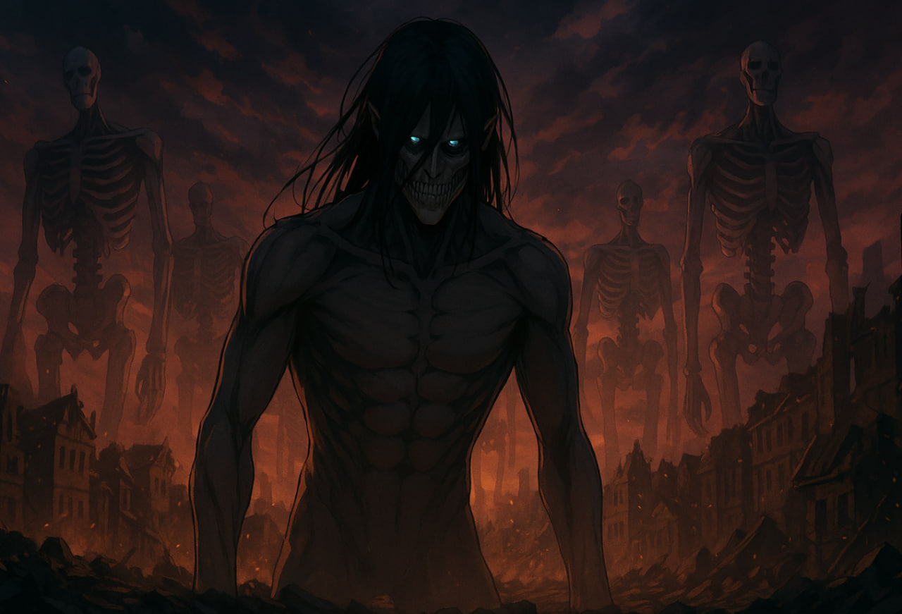 Eren Yeager Founding Titan berdiri di tengah Rumbling — Attack on Titan Requiem 2025