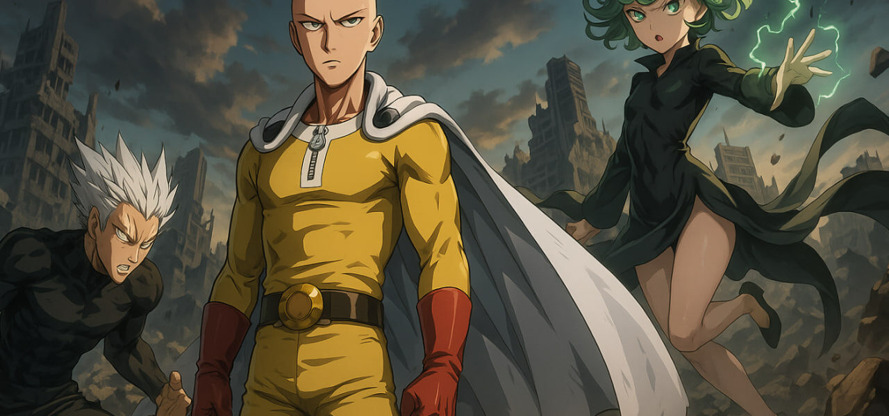 Saitama berdiri santai di tengah reruntuhan markas Monster Association, sementara Garou dan Tatsumaki siap menyerang di latar belakang — simbol perang pahlawan vs monster di One Punch Man Season 3 2025