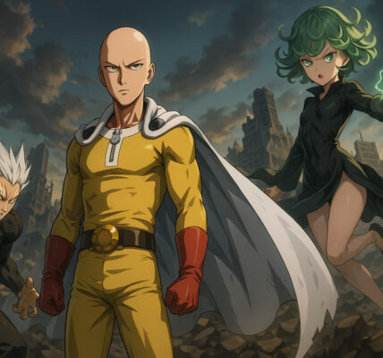 Saitama berdiri santai di tengah reruntuhan markas Monster Association, sementara Garou dan Tatsumaki siap menyerang di latar belakang — simbol perang pahlawan vs monster di One Punch Man Season 3 2025