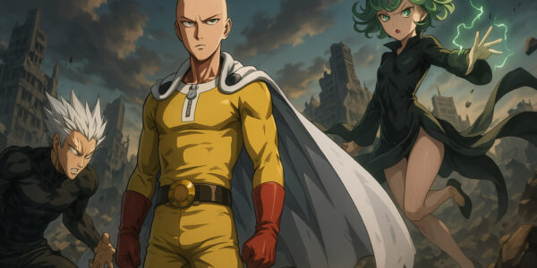 Saitama berdiri santai di tengah reruntuhan markas Monster Association, sementara Garou dan Tatsumaki siap menyerang di latar belakang — simbol perang pahlawan vs monster di One Punch Man Season 3 2025