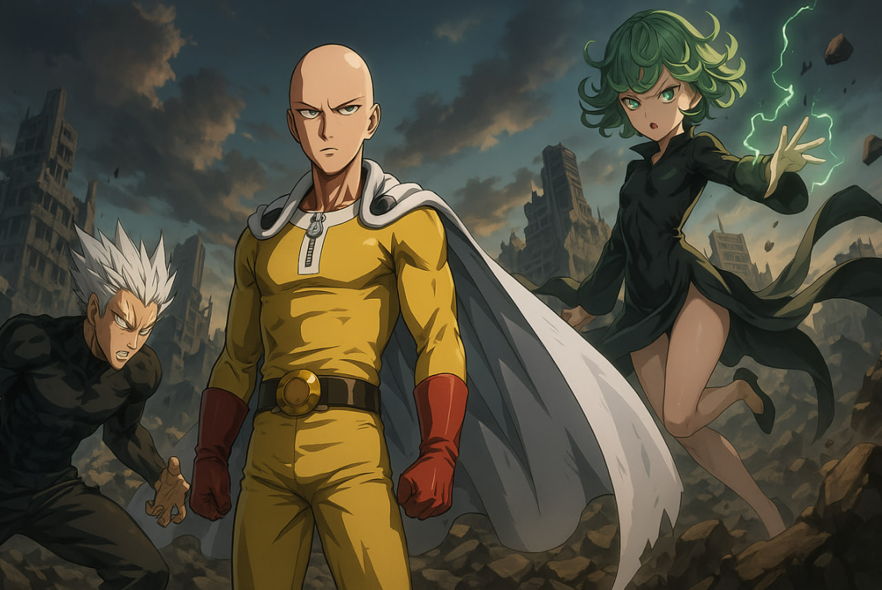 Saitama berdiri santai di tengah reruntuhan markas Monster Association, sementara Garou dan Tatsumaki siap menyerang di latar belakang — simbol perang pahlawan vs monster di One Punch Man Season 3 2025