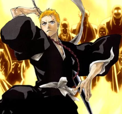 Ichigo Kurosaki berdiri di depan gerbang Neraka dengan rantai dan energi spiritual gelap — Bleach Hell Arc 2025