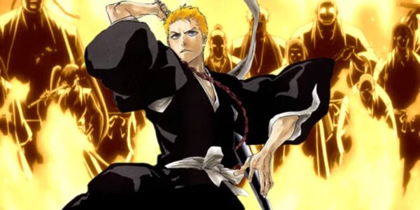 Ichigo Kurosaki berdiri di depan gerbang Neraka dengan rantai dan energi spiritual gelap — Bleach Hell Arc 2025