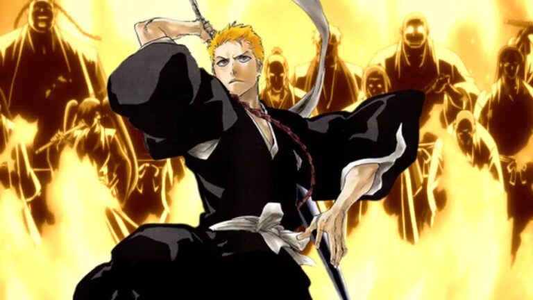 Ichigo Kurosaki berdiri di depan gerbang Neraka dengan rantai dan energi spiritual gelap — Bleach Hell Arc 2025