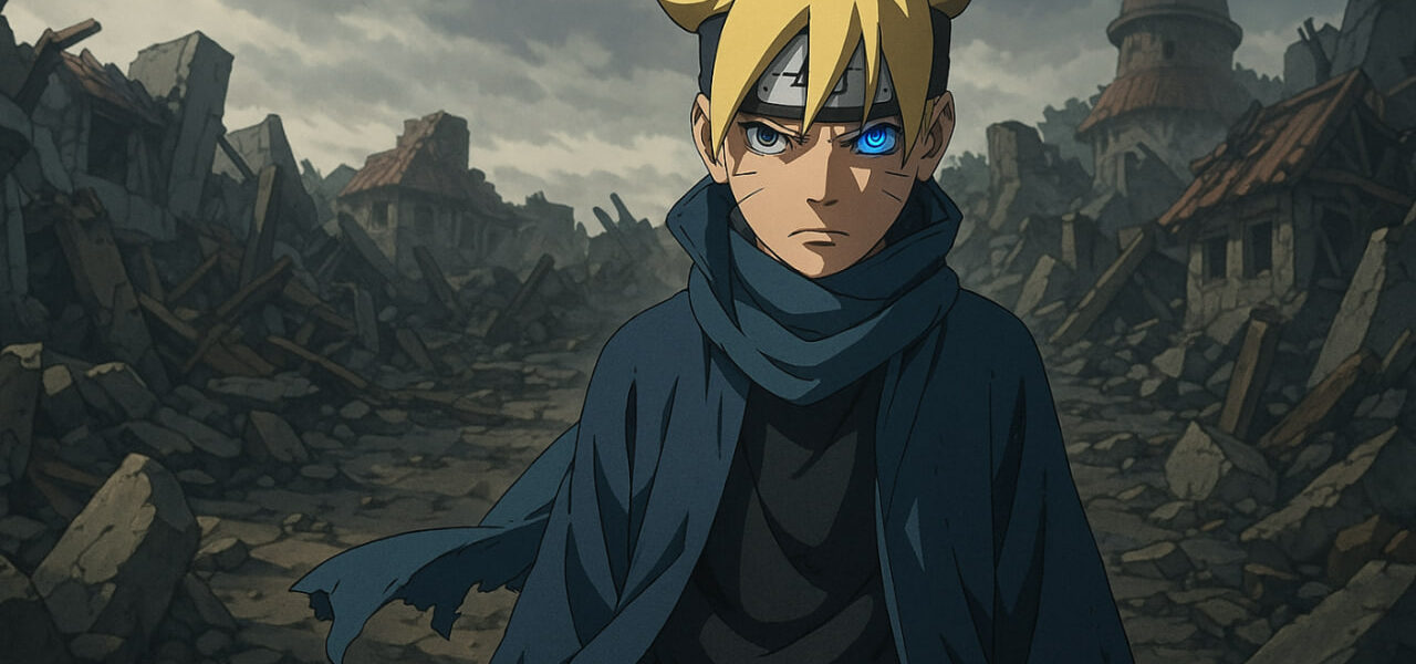 Boruto dewasa berdiri di reruntuhan Konoha, mengenakan jubah hitam dengan mata Jougan bersinar — simbol perlawanan dan pembalikan takdir di Boruto Two Blue Vortex 2025