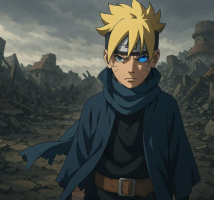 Boruto dewasa berdiri di reruntuhan Konoha, mengenakan jubah hitam dengan mata Jougan bersinar — simbol perlawanan dan pembalikan takdir di Boruto Two Blue Vortex 2025