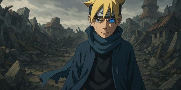 Boruto dewasa berdiri di reruntuhan Konoha, mengenakan jubah hitam dengan mata Jougan bersinar — simbol perlawanan dan pembalikan takdir di Boruto Two Blue Vortex 2025