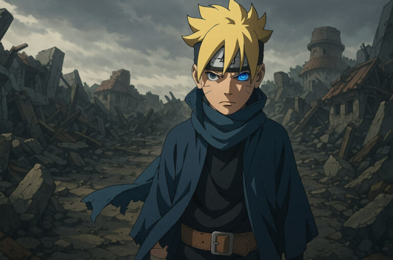 Boruto dewasa berdiri di reruntuhan Konoha, mengenakan jubah hitam dengan mata Jougan bersinar — simbol perlawanan dan pembalikan takdir di Boruto Two Blue Vortex 2025