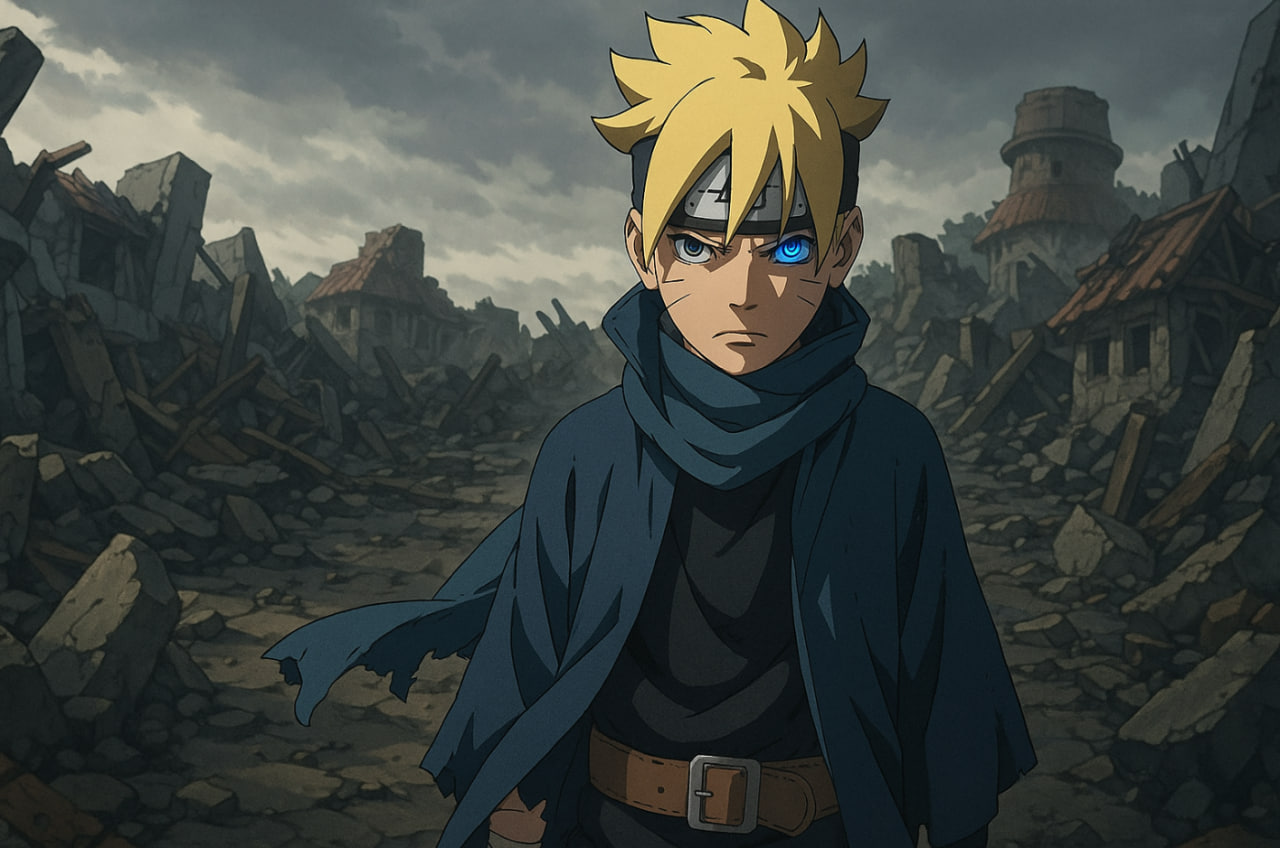 Boruto dewasa berdiri di reruntuhan Konoha, mengenakan jubah hitam dengan mata Jougan bersinar — simbol perlawanan dan pembalikan takdir di Boruto Two Blue Vortex 2025