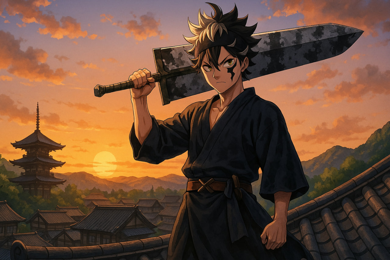 Asta berdiri di atas atap kuil samurai dengan pedang anti-magic — Black Clover 2025