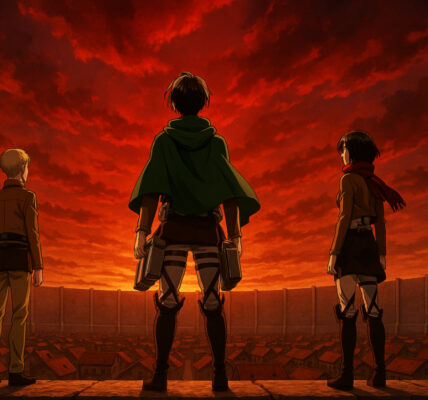 Eren, Mikasa, dan Armin berdiri di dinding terakhir dengan langit merah membara di atas — Attack on Titan 2025 Final Season Spesial