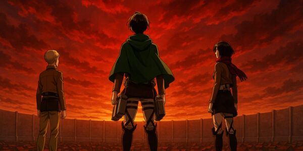 Eren, Mikasa, dan Armin berdiri di dinding terakhir dengan langit merah membara di atas — Attack on Titan 2025 Final Season Spesial
