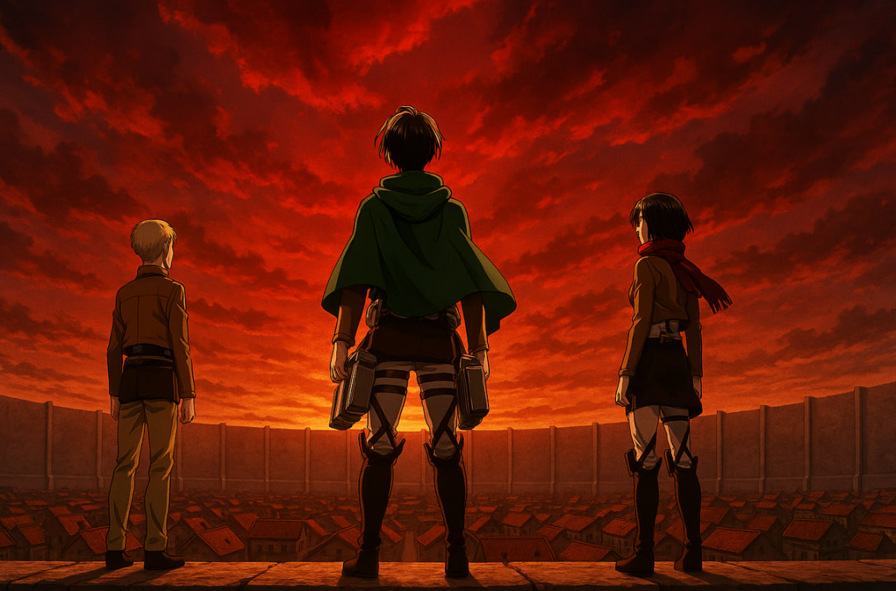 Eren, Mikasa, dan Armin berdiri di dinding terakhir dengan langit merah membara di atas — Attack on Titan 2025 Final Season Spesial