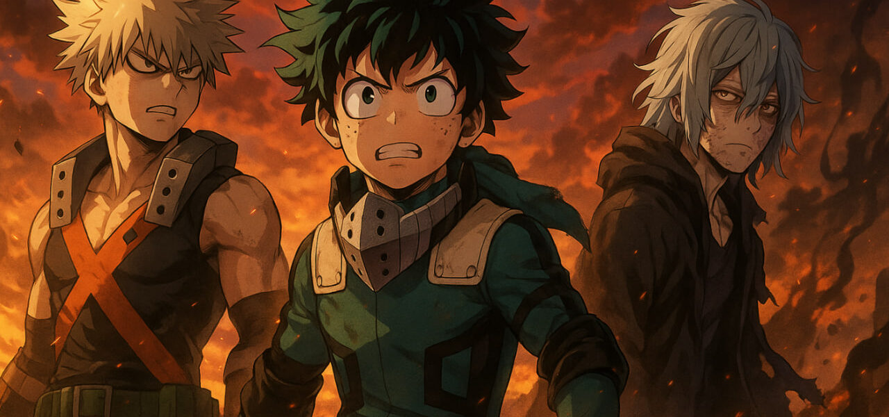Deku, Bakugo, dan Shigaraki berdiri di medan perang dengan langit merah membara — simbol Final War Arc My Hero Academia Season 7 2025