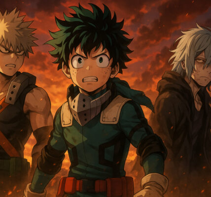 Deku, Bakugo, dan Shigaraki berdiri di medan perang dengan langit merah membara — simbol Final War Arc My Hero Academia Season 7 2025