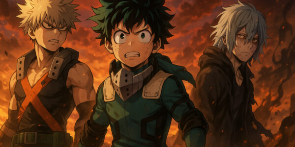 Deku, Bakugo, dan Shigaraki berdiri di medan perang dengan langit merah membara — simbol Final War Arc My Hero Academia Season 7 2025