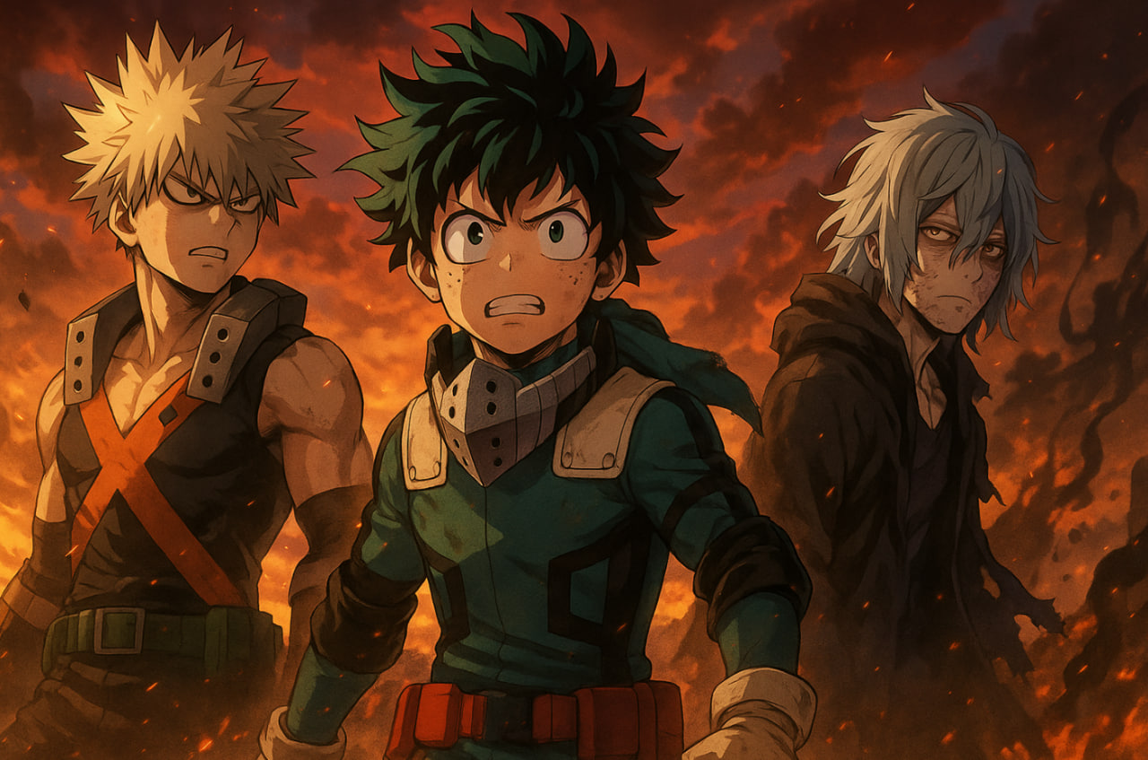 Deku, Bakugo, dan Shigaraki berdiri di medan perang dengan langit merah membara — simbol Final War Arc My Hero Academia Season 7 2025