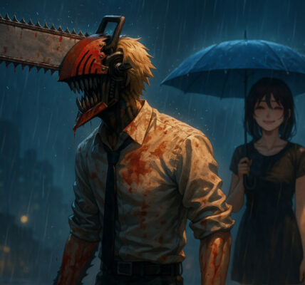 Denji dengan gergaji berlumuran darah berdiri di tengah hujan malam, sementara Reze tersenyum samar di latar belakang — Chainsaw Man Movie 2025