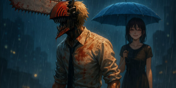 Denji dengan gergaji berlumuran darah berdiri di tengah hujan malam, sementara Reze tersenyum samar di latar belakang — Chainsaw Man Movie 2025