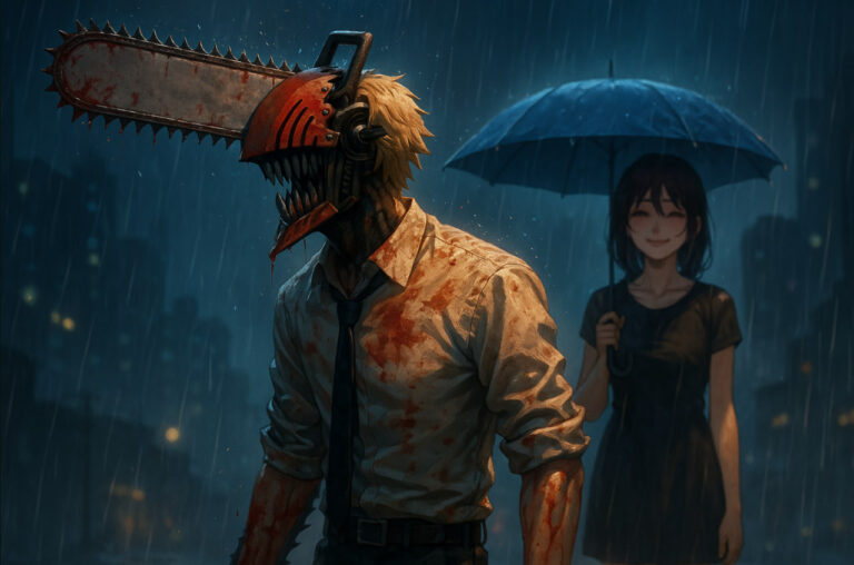 Denji dengan gergaji berlumuran darah berdiri di tengah hujan malam, sementara Reze tersenyum samar di latar belakang — Chainsaw Man Movie 2025