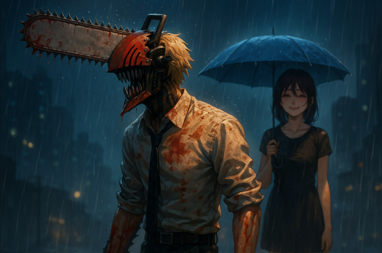 Denji dengan gergaji berlumuran darah berdiri di tengah hujan malam, sementara Reze tersenyum samar di latar belakang — Chainsaw Man Movie 2025