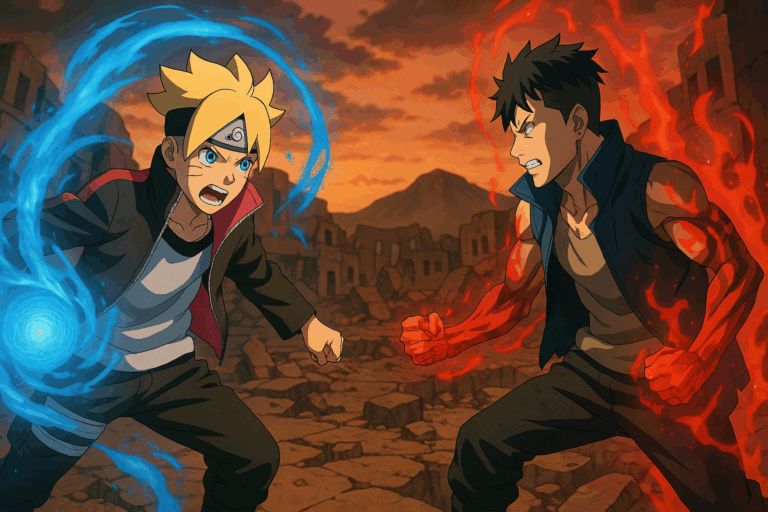 Ilustrasi pertarungan Boruto vs Kawaki di Two Blue Vortex 2025