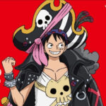 Luffy berdiri di depan lautan merah menyala dengan siluet bajak laut baru di cakrawala — One Piece Film Red 2 2025