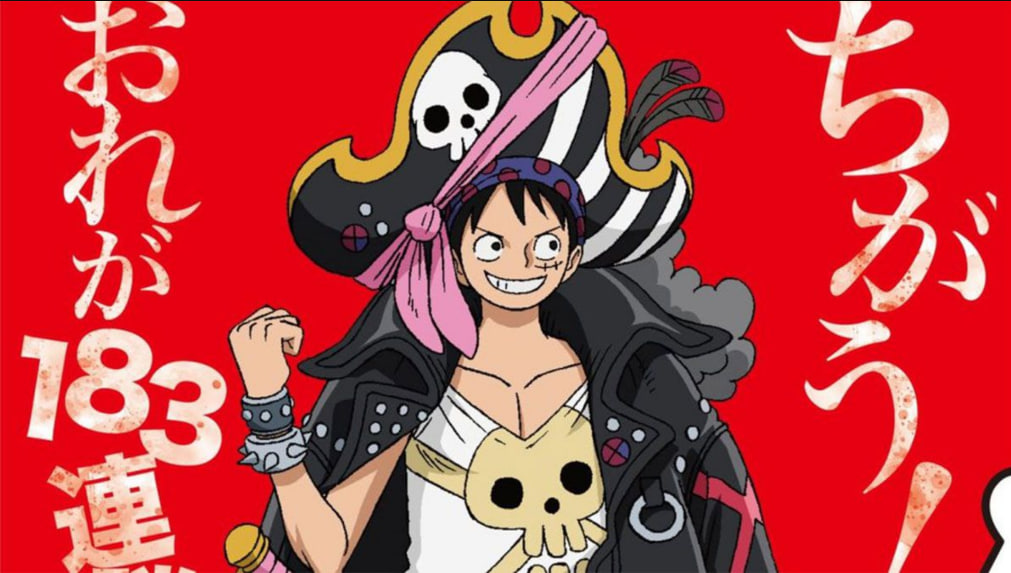 Luffy berdiri di depan lautan merah menyala dengan siluet bajak laut baru di cakrawala — One Piece Film Red 2 2025