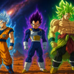 Goku, Vegeta, dan Broly berdiri di planet asing dengan aura Ultra Instinct, Ultra Ego, dan Legendary Super Saiyan menyala — Dragon Ball Super 2025