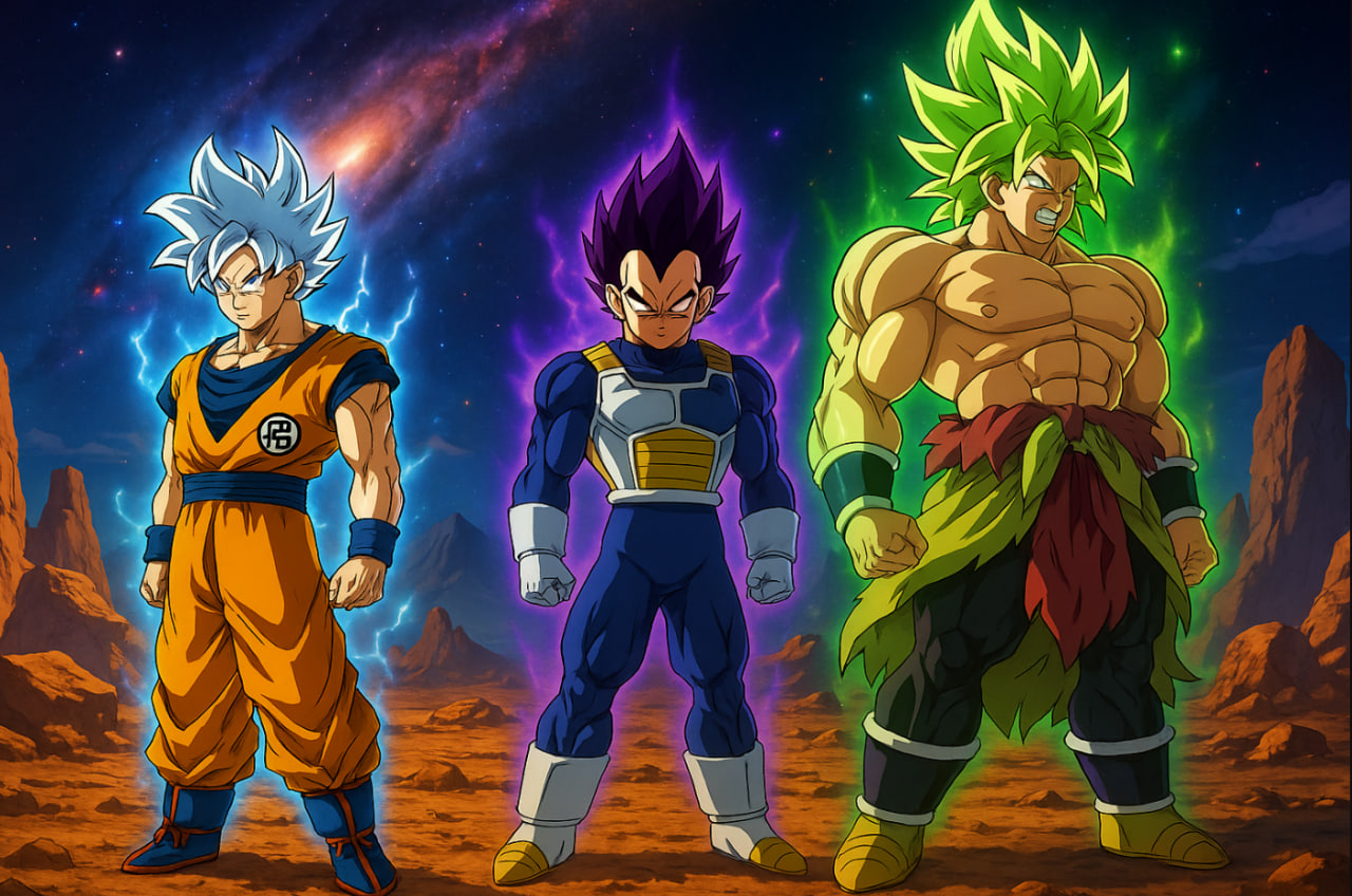Goku, Vegeta, dan Broly berdiri di planet asing dengan aura Ultra Instinct, Ultra Ego, dan Legendary Super Saiyan menyala — Dragon Ball Super 2025
