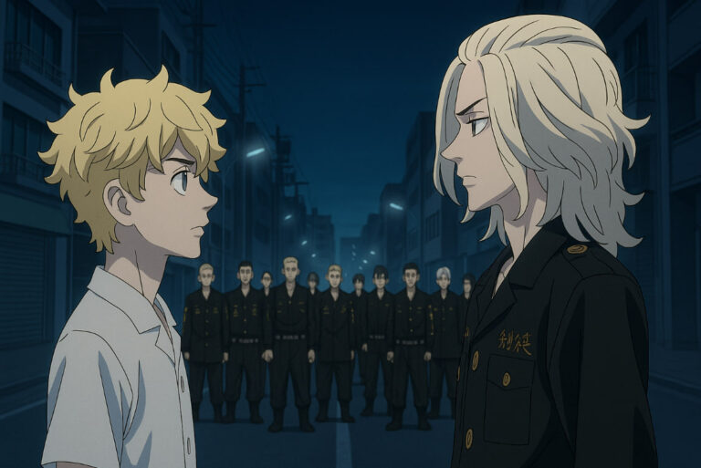 Takemichi dan Mikey berdiri saling berhadapan di tengah jalanan malam Tokyo, geng Toman di belakang mereka — Tokyo Revengers Final Chapter 2025