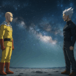Saitama dan Garou berdiri di bulan dengan cahaya galaksi di belakang mereka