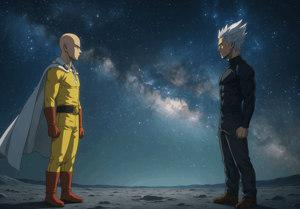 Saitama dan Garou berdiri di bulan dengan cahaya galaksi di belakang mereka