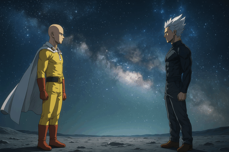 Saitama dan Garou berdiri di bulan dengan cahaya galaksi di belakang mereka