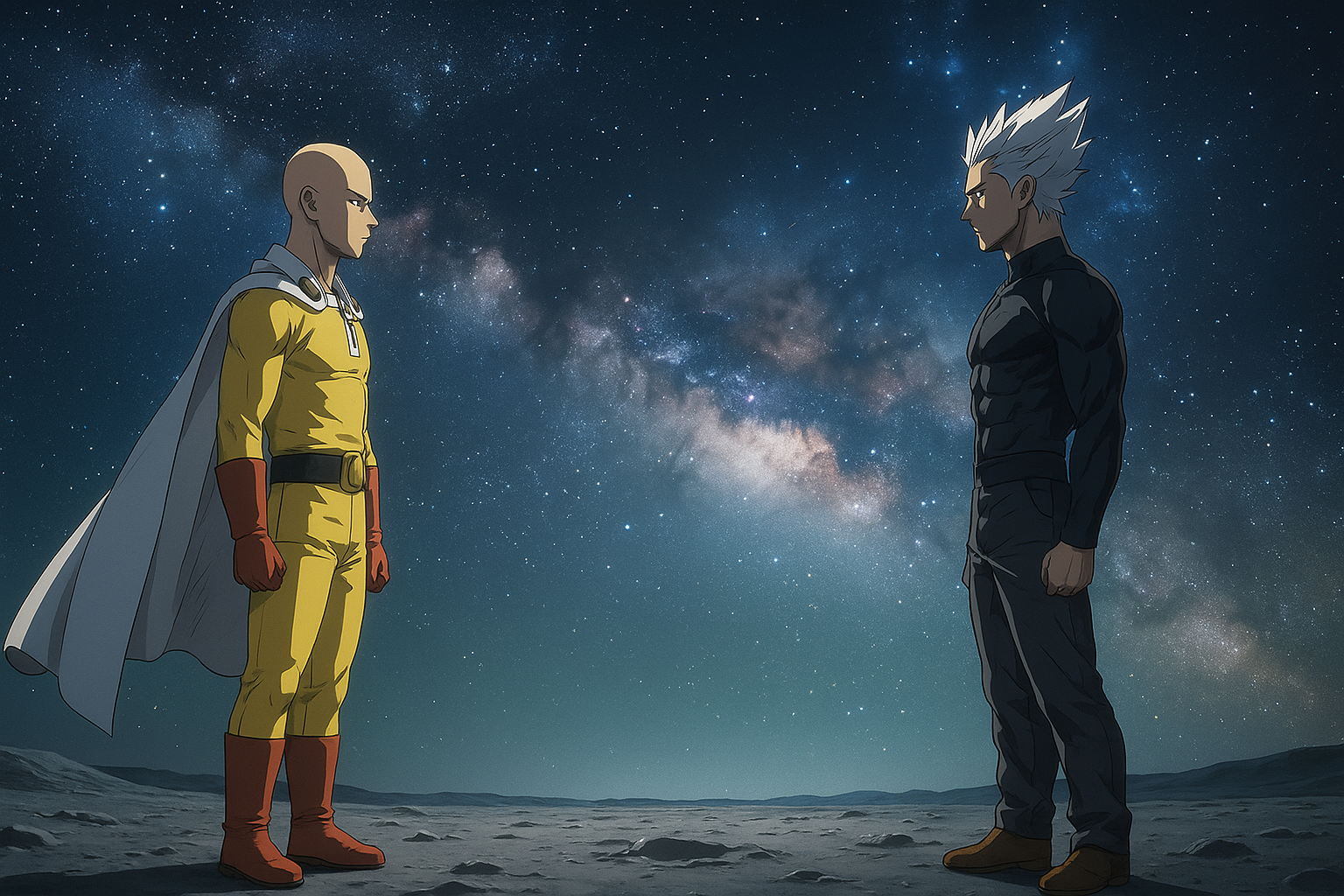 Saitama dan Garou berdiri di bulan dengan cahaya galaksi di belakang mereka