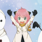 Keluarga Forger di pegunungan bersalju dengan aurora di langit, dari film Spy x Family Code White 2025