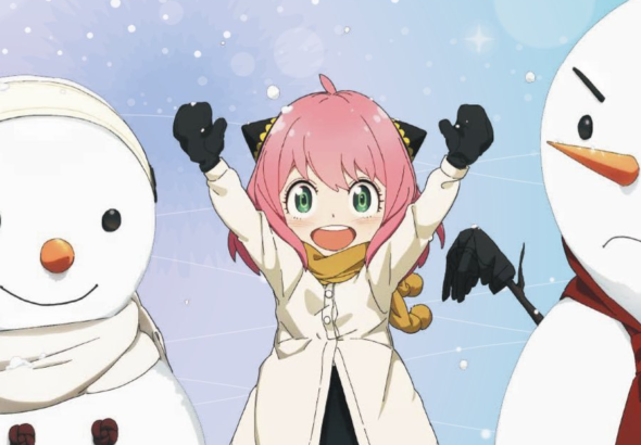 Keluarga Forger di pegunungan bersalju dengan aurora di langit, dari film Spy x Family Code White 2025