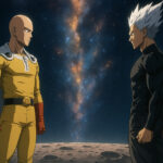 Saitama dan Garou berdiri di bulan dengan latar cahaya kosmik, menatap satu sama lain sebelum duel terakhir — One Punch Man Season 4 2025