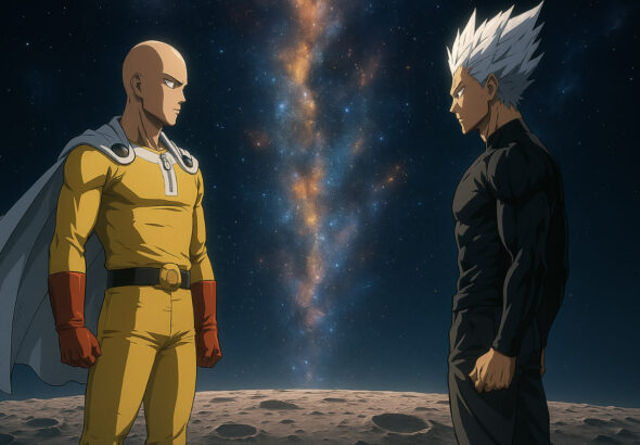 Saitama dan Garou berdiri di bulan dengan latar cahaya kosmik, menatap satu sama lain sebelum duel terakhir — One Punch Man Season 4 2025