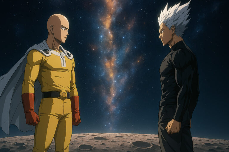 Saitama dan Garou berdiri di bulan dengan latar cahaya kosmik, menatap satu sama lain sebelum duel terakhir — One Punch Man Season 4 2025