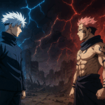 Gojo dan Sukuna berhadapan di reruntuhan Shibuya dengan energi kutukan biru dan merah bertabrakan
