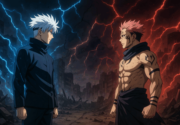 Gojo dan Sukuna berhadapan di reruntuhan Shibuya dengan energi kutukan biru dan merah bertabrakan